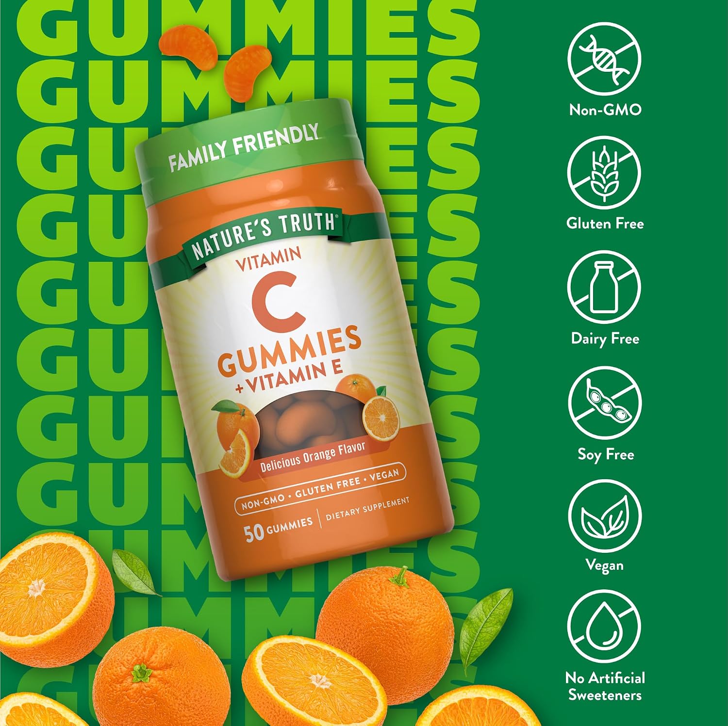 Nature's Truth Gominolas de Vitamina C con Vitamina E | 50 uds | Sabor naranja | Vegano