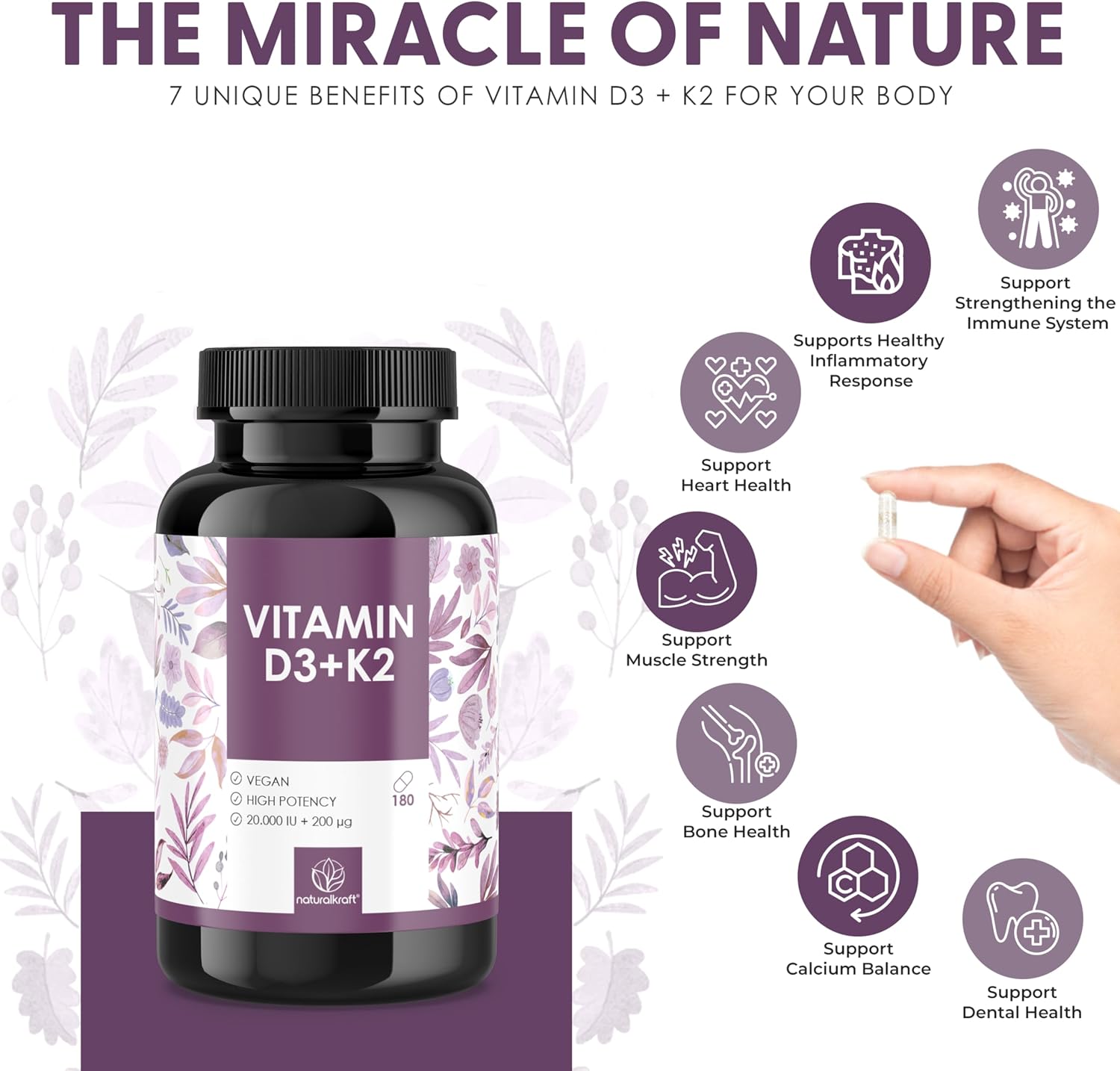 naturalkraft Vitamina D3 + K2 20.000 UI + 200 mcg Depot, 180 Cápsulas Veganas