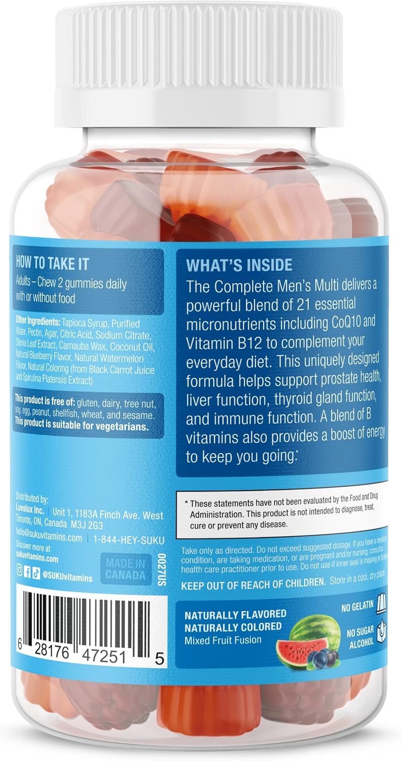 SUKU Multivitamínico Diario para Hombres en Gominolas – Vitaminas A, B12, C, D3, E, Zinc, CoQ10 y Licopeno – Sin Azúcar, Vegano, Sabor Frutas – 60 Gominolas