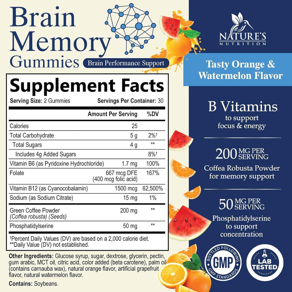Nature's Nutrition Gominolas para el Cerebro - 3X Fuerza con Fosfatidilserina, B6, B12 y Nootrópicos para Memoria, Enfoque y Concentración - 60 Gominolas