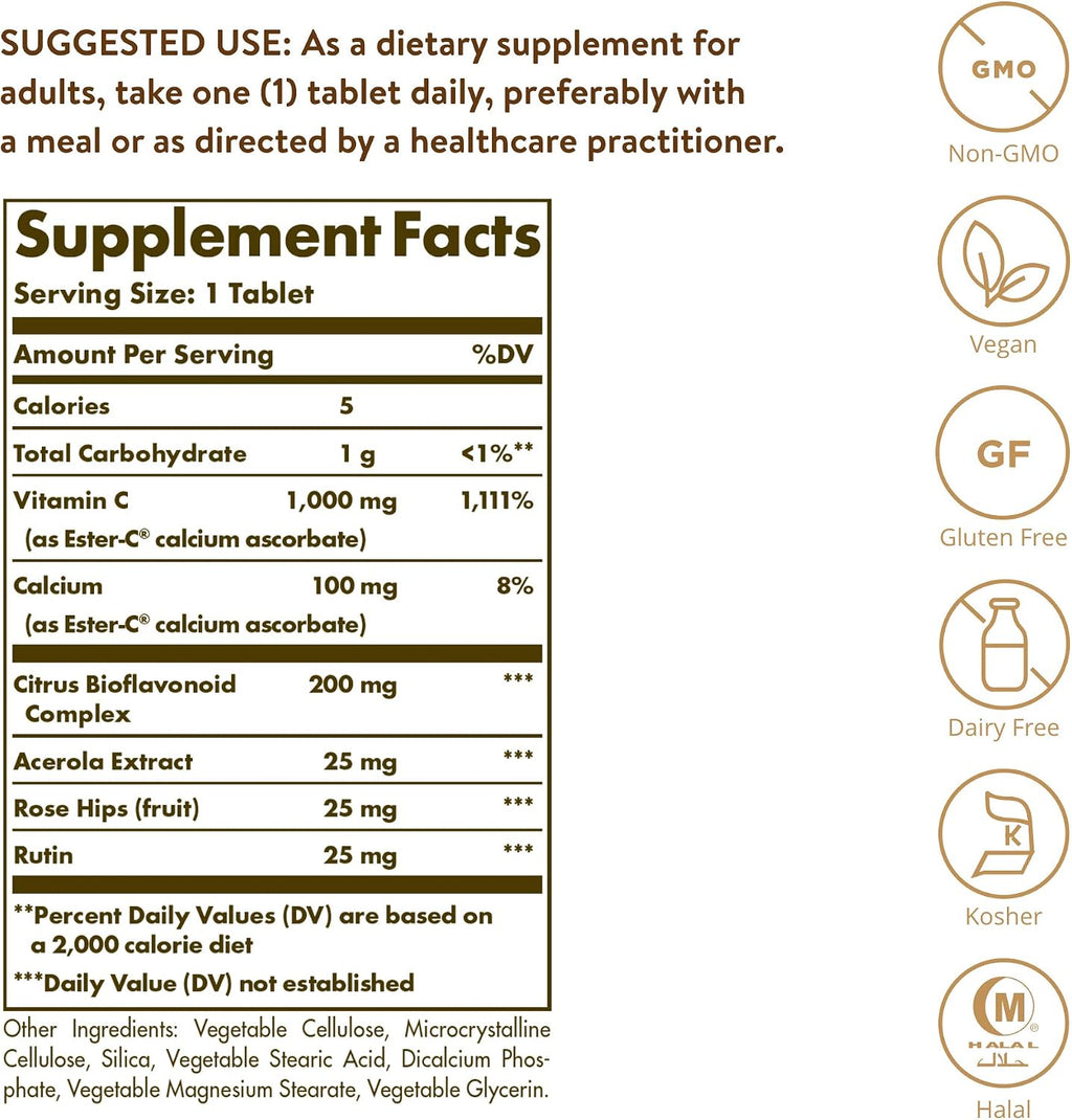 Solgar Ester-C Plus 1000 mg Vitamina C (Complejo de ascorbato), 60 tabletas - Suave para el estómago y no ácida - Apoyo antioxidante e inmunitario - No transgénico, vegano, sin gluten, kosher