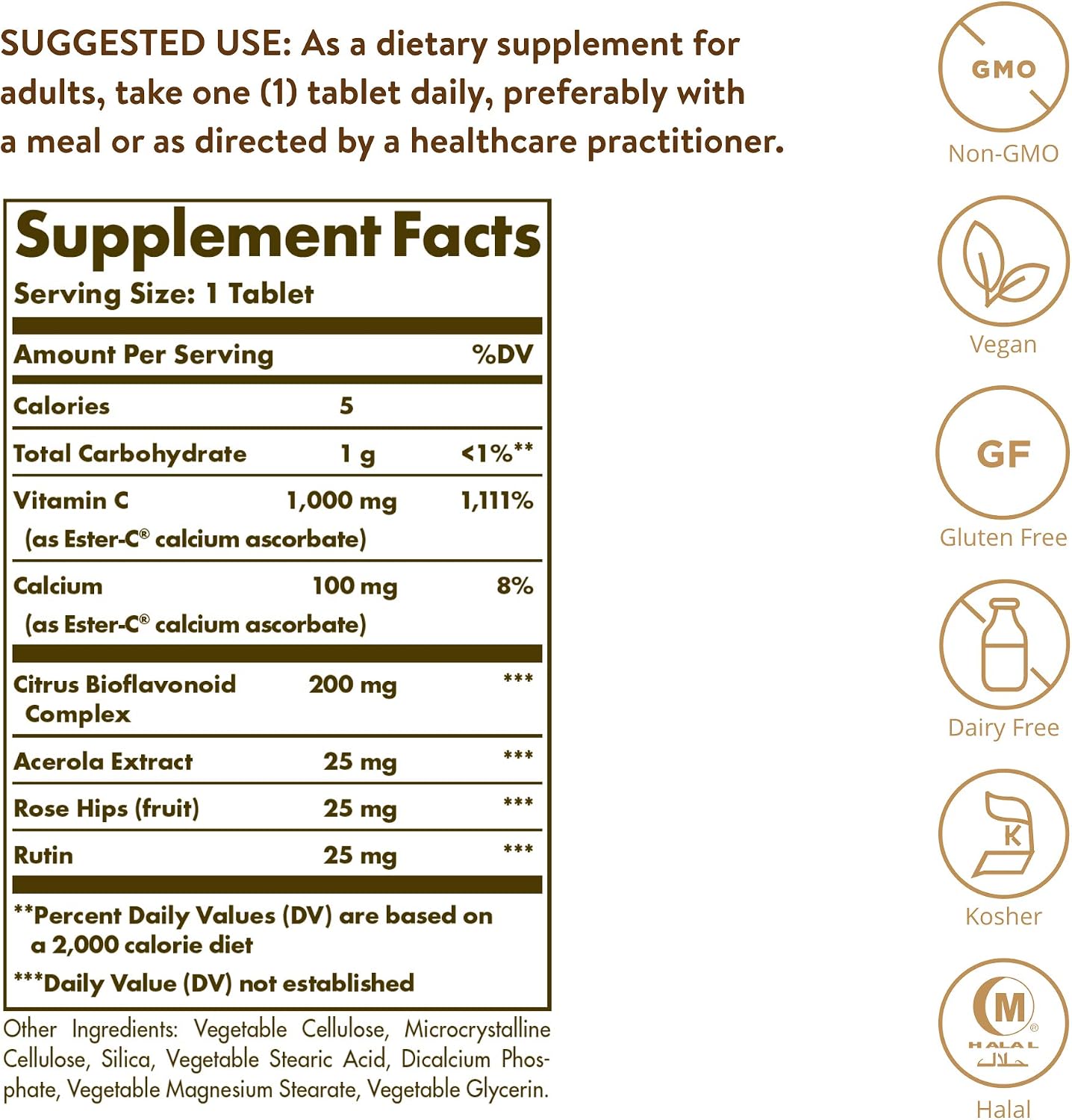 Solgar Ester-C Plus 1000 mg Vitamina C (Complejo de ascorbato), 60 tabletas - Suave para el estómago y no ácida - Apoyo antioxidante e inmunitario - No transgénico, vegano, sin gluten, kosher
