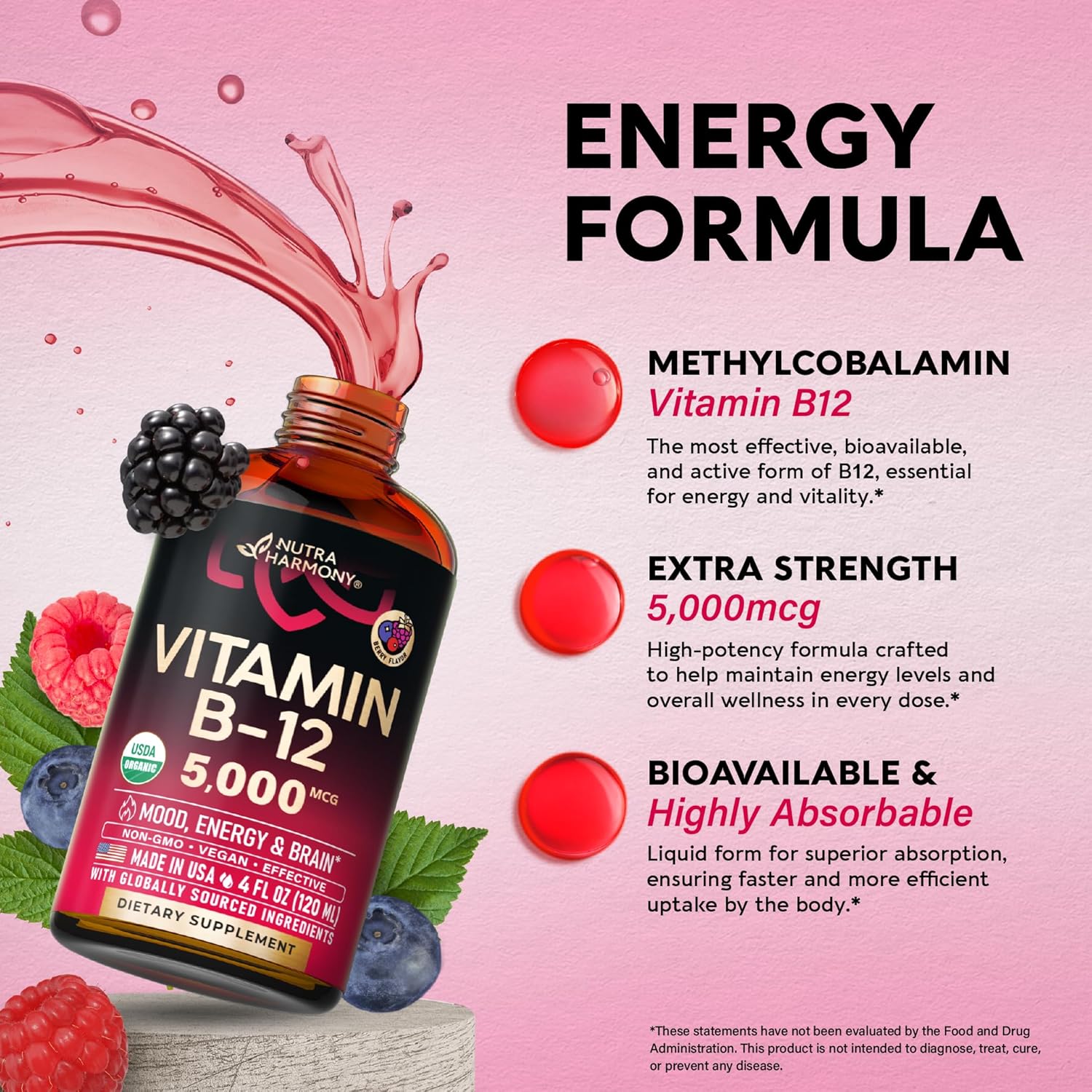 Vitamina B12 Sublingual Orgánica 5000 mcg - Metilcobalamina Líquida Vegana