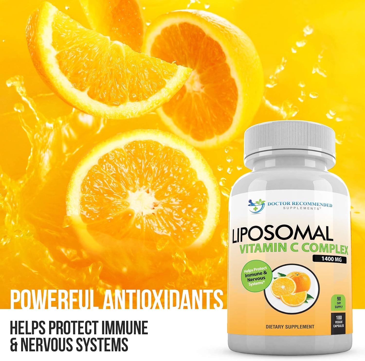 Vitamina C Liposomal 1400mg por Dosis – Alta Absorción, 180 Cápsulas Vegetales (2 Frascos)