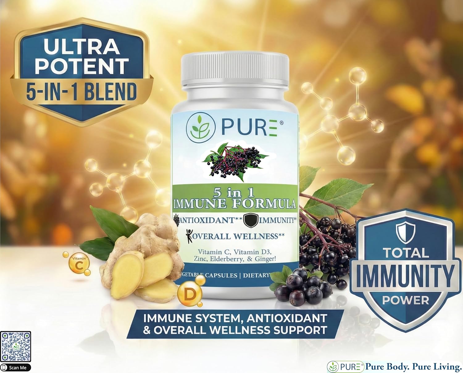PURE 5 en 1 Fórmula Inmunitaria - 120 Cápsulas - Saúco Negro, Vitamina C, Vitamina D3, Zinc y Jengibre