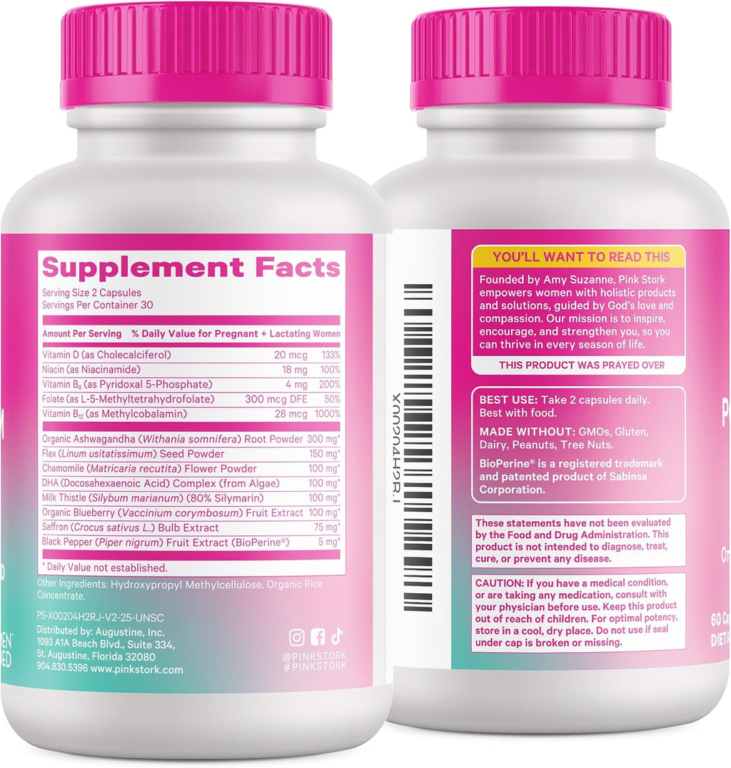 Pink Stork Apoyo Emocional Posparto, 120 Cápsulas | Equilibrio Hormonal, Ashwagandha, Manzanilla y Vitamina D