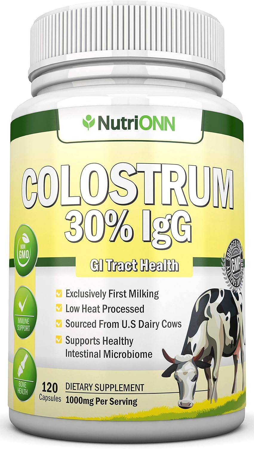 NutriONN Calostro - 1000mg - 120 Cápsulas - 30% IgG - Lácteo no OGM de EE.UU. - Primer Ordeño - Procesado a Baja Temperatura - Salud GI - Apoyo Inmune - Salud Ósea y Muscular