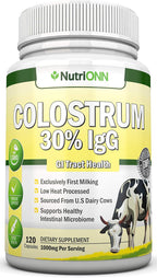 NutriONN Calostro - 1000mg - 120 Cápsulas - 30% IgG - Lácteo no OGM de EE.UU. - Primer Ordeño - Procesado a Baja Temperatura - Salud GI - Apoyo Inmune - Salud Ósea y Muscular