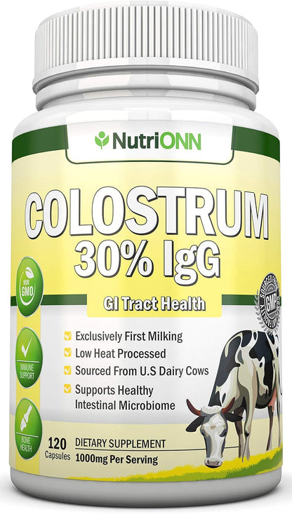 NutriONN Calostro - 1000mg - 120 Cápsulas - 30% IgG - Lácteo no OGM de EE.UU. - Primer Ordeño - Procesado a Baja Temperatura – Image 1