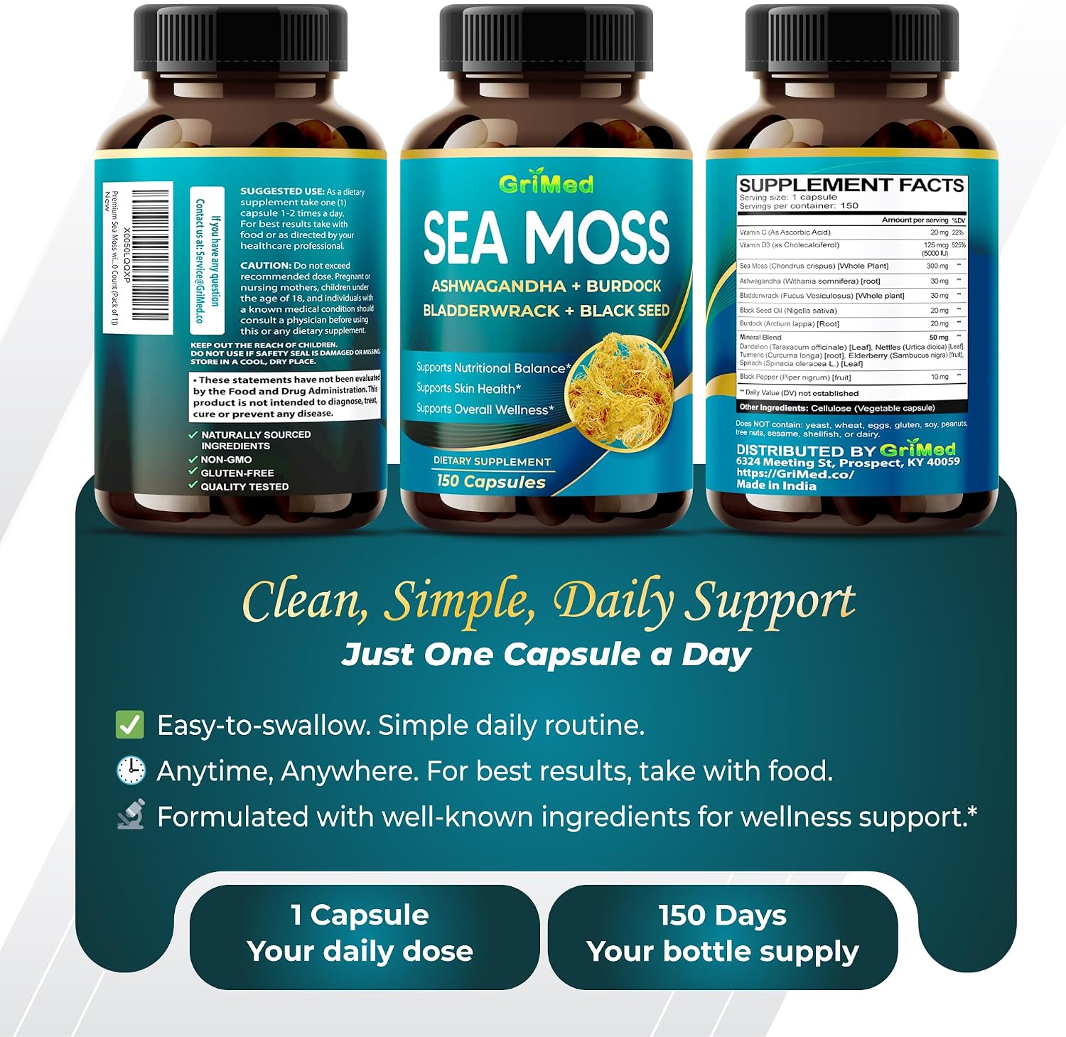 Premium Sea Moss with Ashwagandha, Burdock Bladderwrack, Black Seed for Immune System, Skin, Digestion & Energy (150 Count)