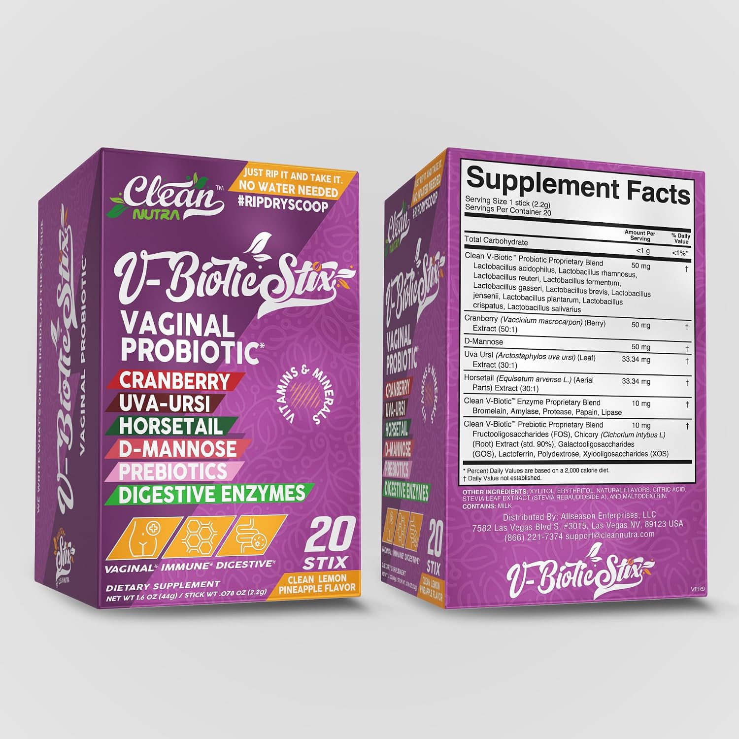 Clean Nutraceuticals Probióticos Vaginales para Mujeres con Extracto de Arándano, D-Manosa, Prebióticos, Equilibrio del pH, Salud Vaginal – Alternativa Probiótica Femenina a las Gominolas - 20 Sticks