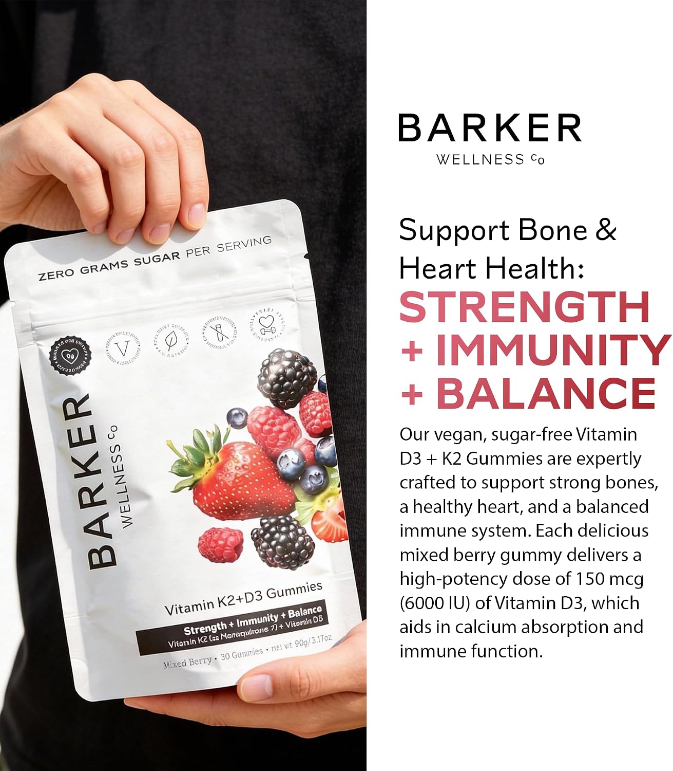 Barker Wellness Gominolas de Vitamina D3 y K2 – Alta potencia 6000 UI D3 + 200 mcg K2 para huesos fuertes, salud cardiovascular y apoyo inmunitario | Vegano, sin azúcar, delicioso sabor a bayas mixtas | 30 dosis