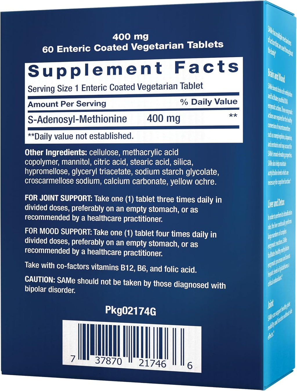 Life Extension SAMe, S-Adenosilmetionina, 400 mg, Complemento para el Estado de Ánimo, Articulaciones y Hígado, 60 Comprimidos Entéricos