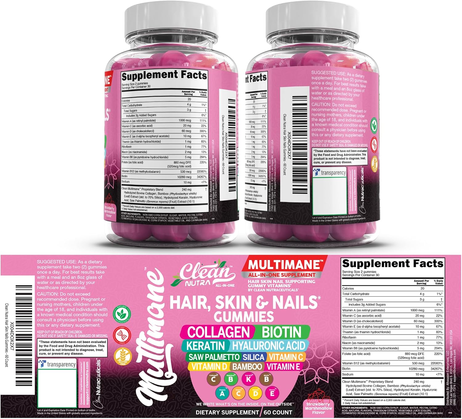 Clean Nutraceuticals Biotina Colágeno Keratina Gominolas para Piel, Cabello y Uñas