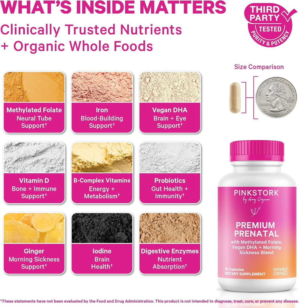 Pink Stork Premium Prenatal - Vitaminas Prenatales con Folato Metilado, DHA de Algas y Hierro