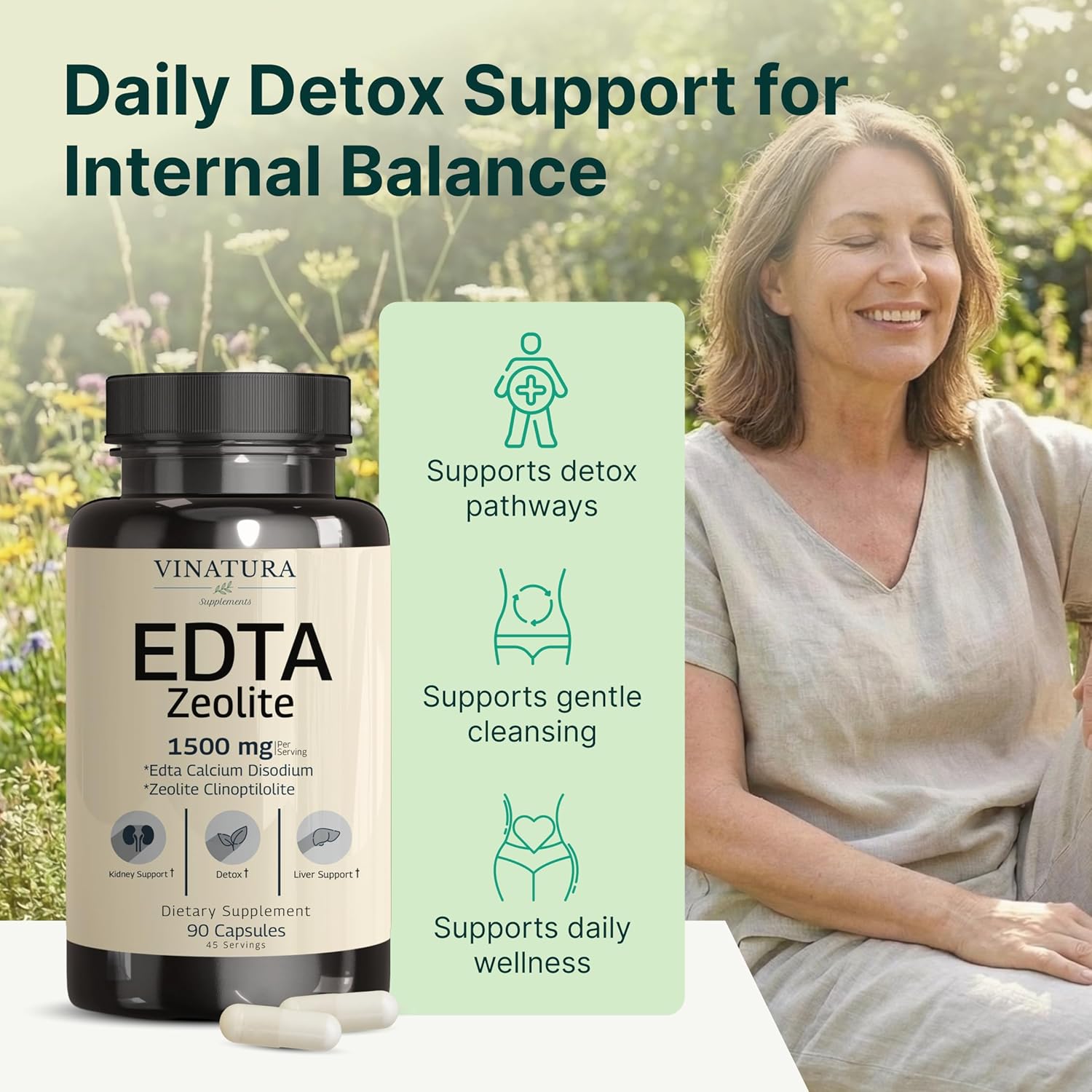 VINATURA EDTA Cápsulas 1500mg - Soporte Hepático con Zeolita - 90 Cápsulas
