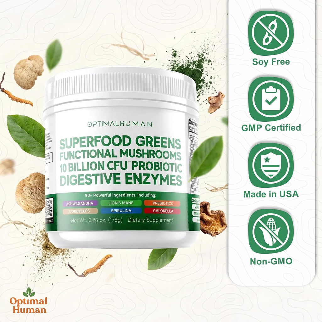Optimal Human Superfood Greens Powder – Mezcla de 90+ Ingredientes con Lion's Mane, Ashwagandha y Cúrcuma – 178 g