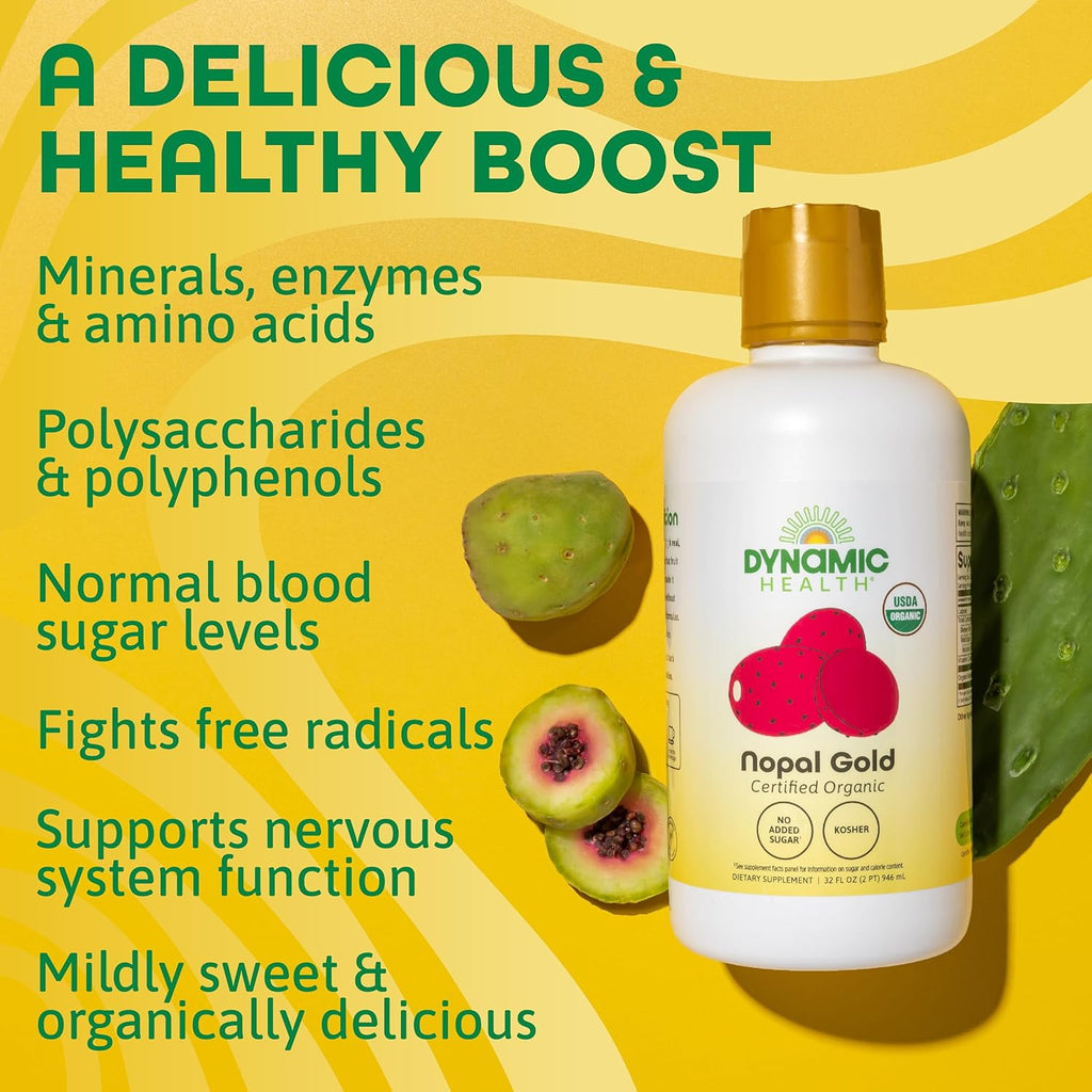Dynamic Health Nopal Gold, Orgánico, Sin Aditivos, Apoyo Antioxidante, Vegano, Sin Gluten, No GMO, 946 ml