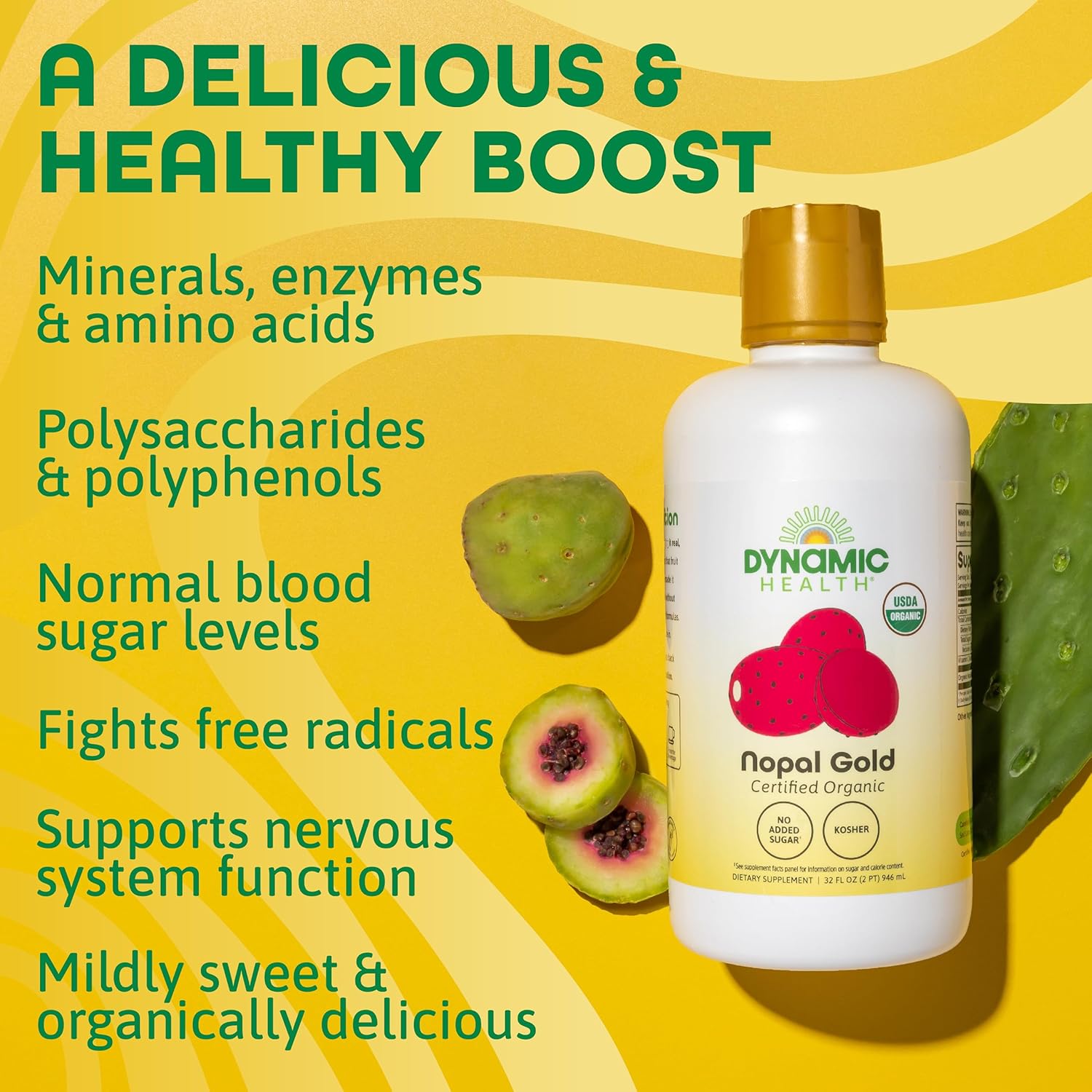 Dynamic Health Nopal Gold, Orgánico, Sin Aditivos, Apoyo Antioxidante, Vegano, Sin Gluten, No GMO, 946 ml