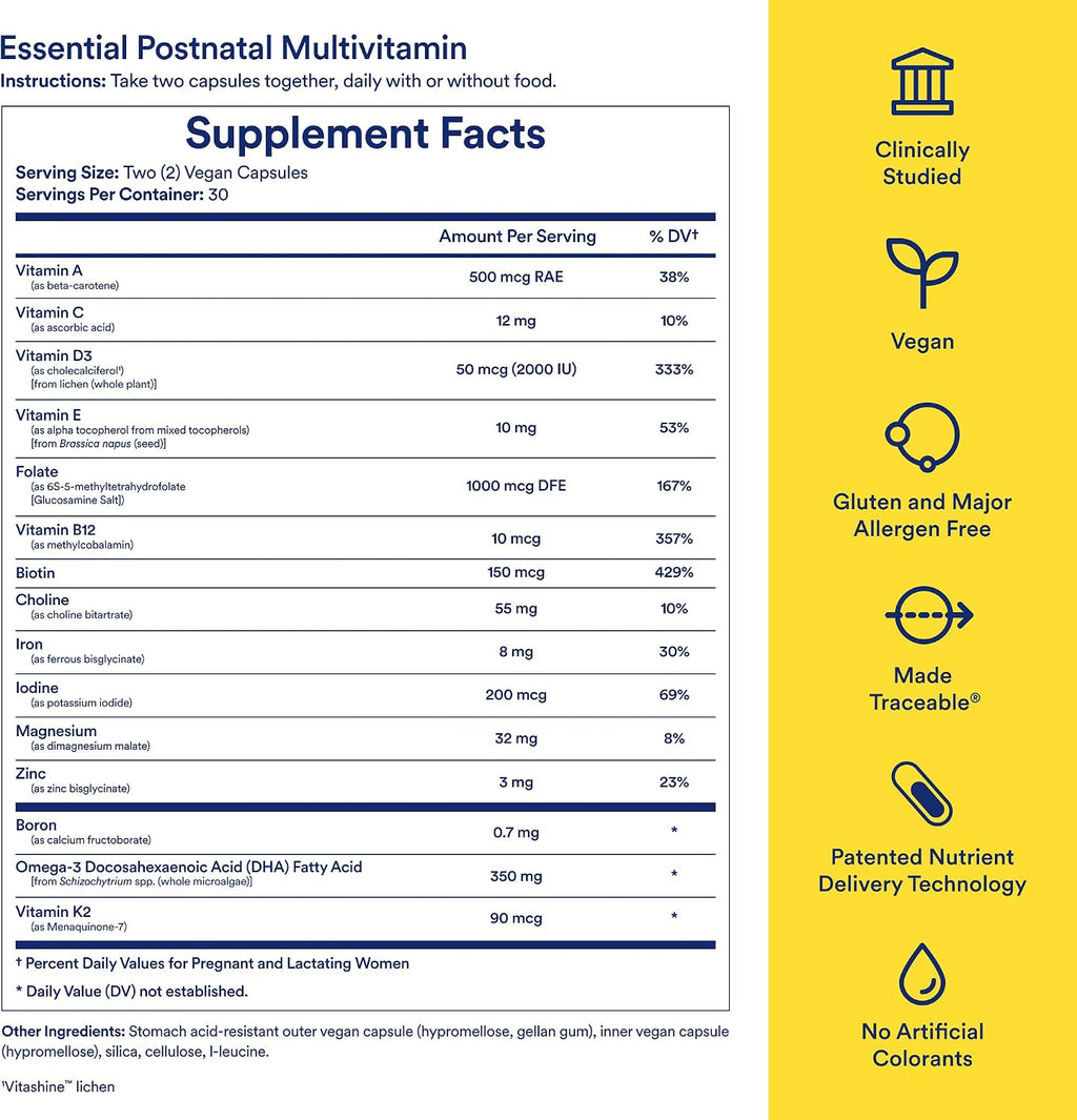 Ritual Postnatal Multivitamin for Women - Vitaminas y Minerales Esenciales para Apoyar a Mamá y Bebé en el Posparto y la Lactancia - Colina, Omega-3 DHA - Menta - 60 Cápsulas - 30 Dosis