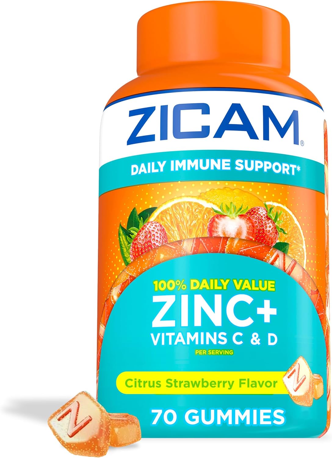 Zicam Gominolas de Apoyo Inmunitario Diario, con Zinc, Vitamina C y D, Sabor Cítrico Fresa, 70 unidades