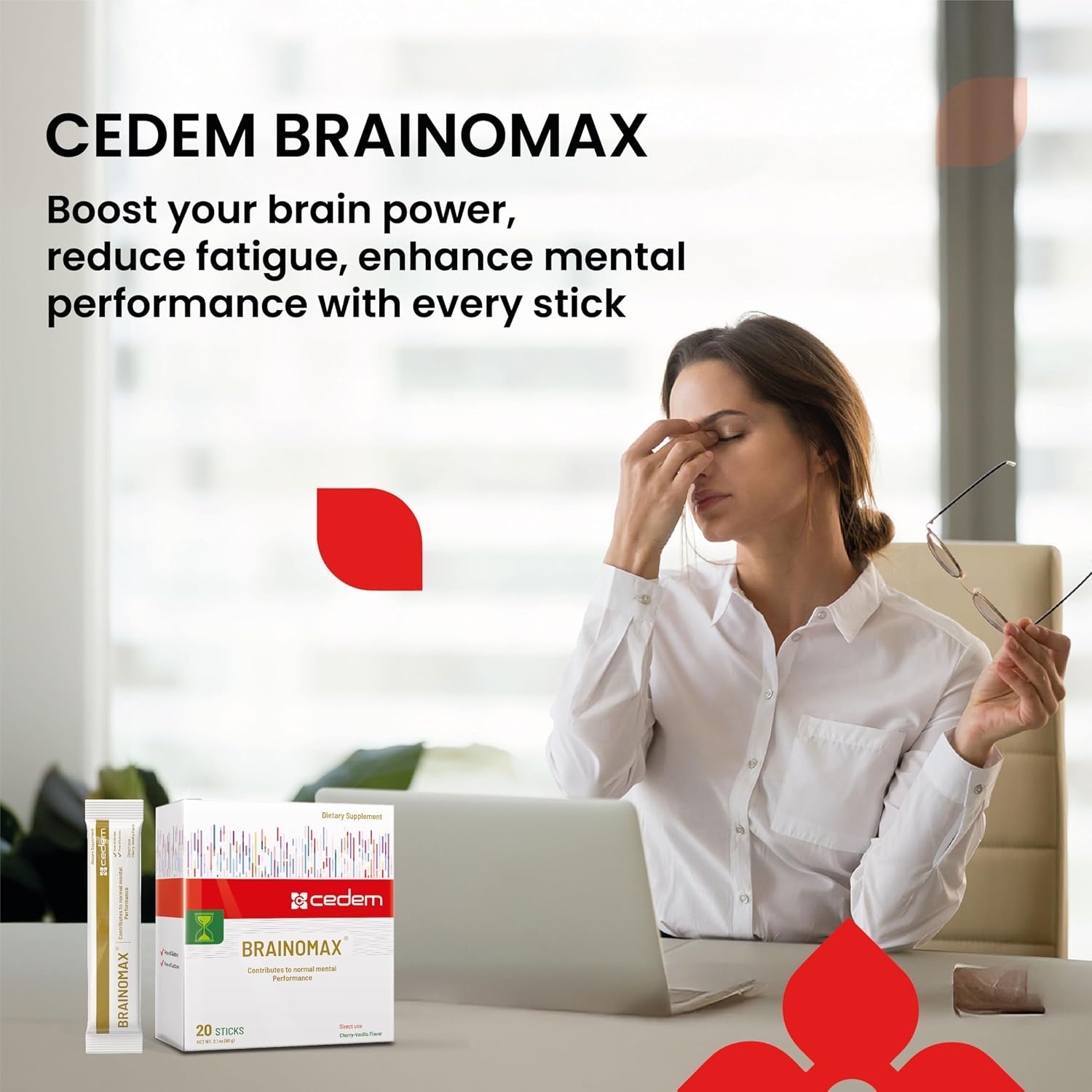 CEDEM Switzerland BRAINOMAX 20 Sticks de Polvo, Suplemento Nootrópico Sabor Cereza-Vainilla