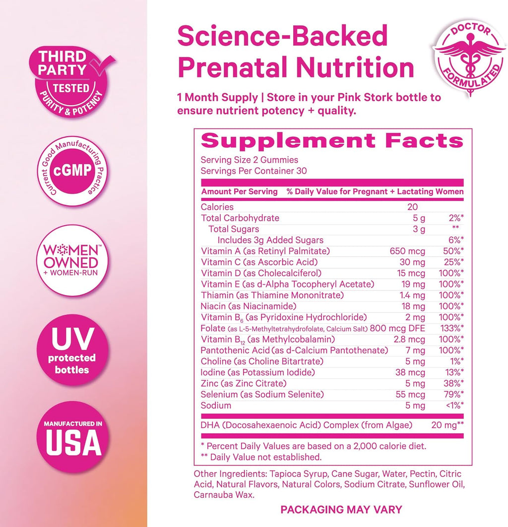 Pink Stork Premium Prenatal Gummy – Gominolas prenatales veganas con DHA de algas y folato metilado (60 unidades, 30 días)