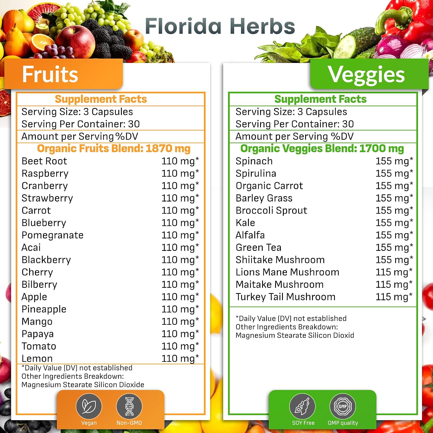 Suplemento de Frutas y Verduras - 90 Cápsulas de Fruta y 90 Cápsulas de Verdura - Vitaminas Naturales, Sin Soja, Vegano - 180 Cápsulas