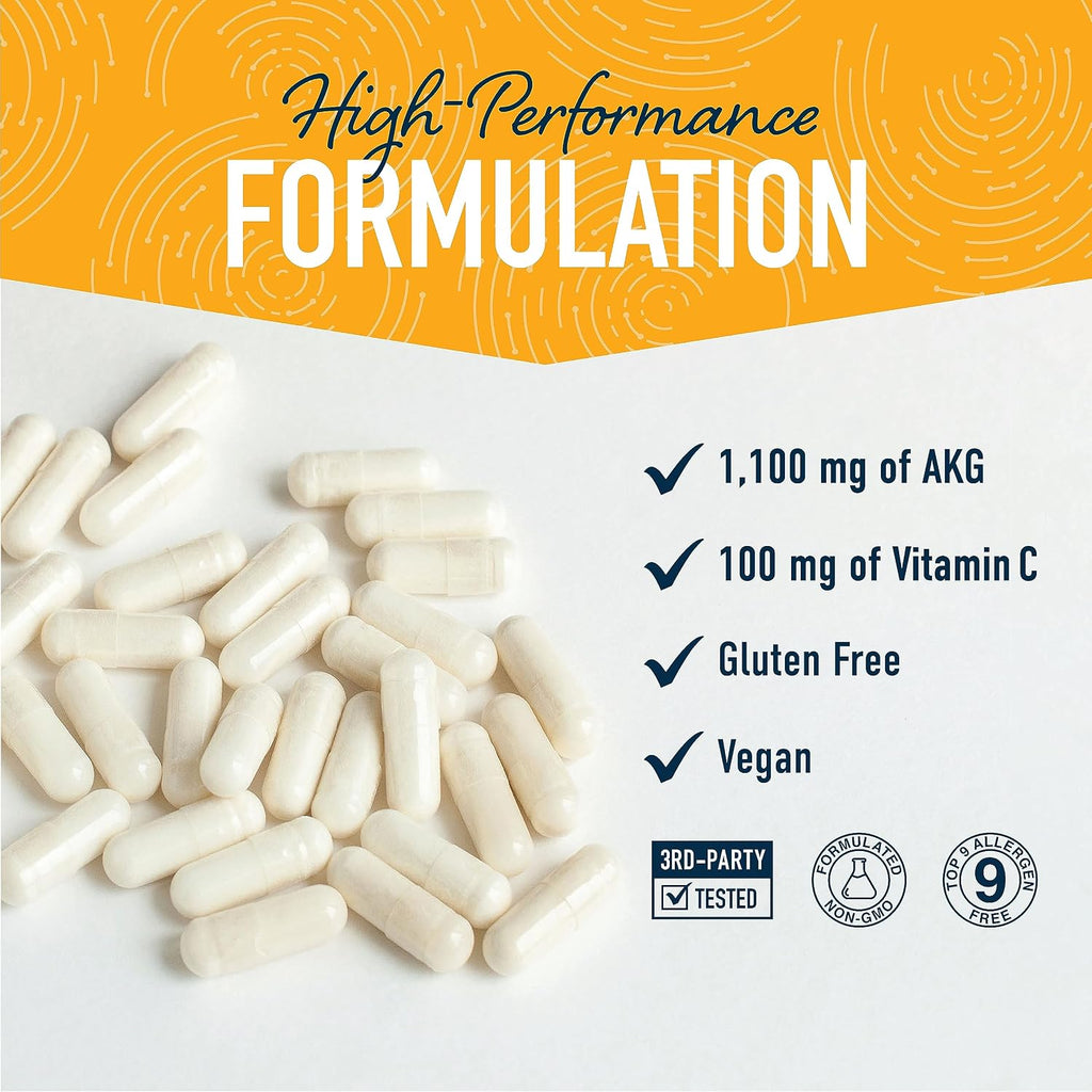 Suplemento AKG | 1100mg por ración | Arginina Alfa-Cetoglutarato con Calcio + Vitamina C | AAKG para envejecimiento saludable, energía y concentración | 120 Cápsulas | Vegano, No-GMO