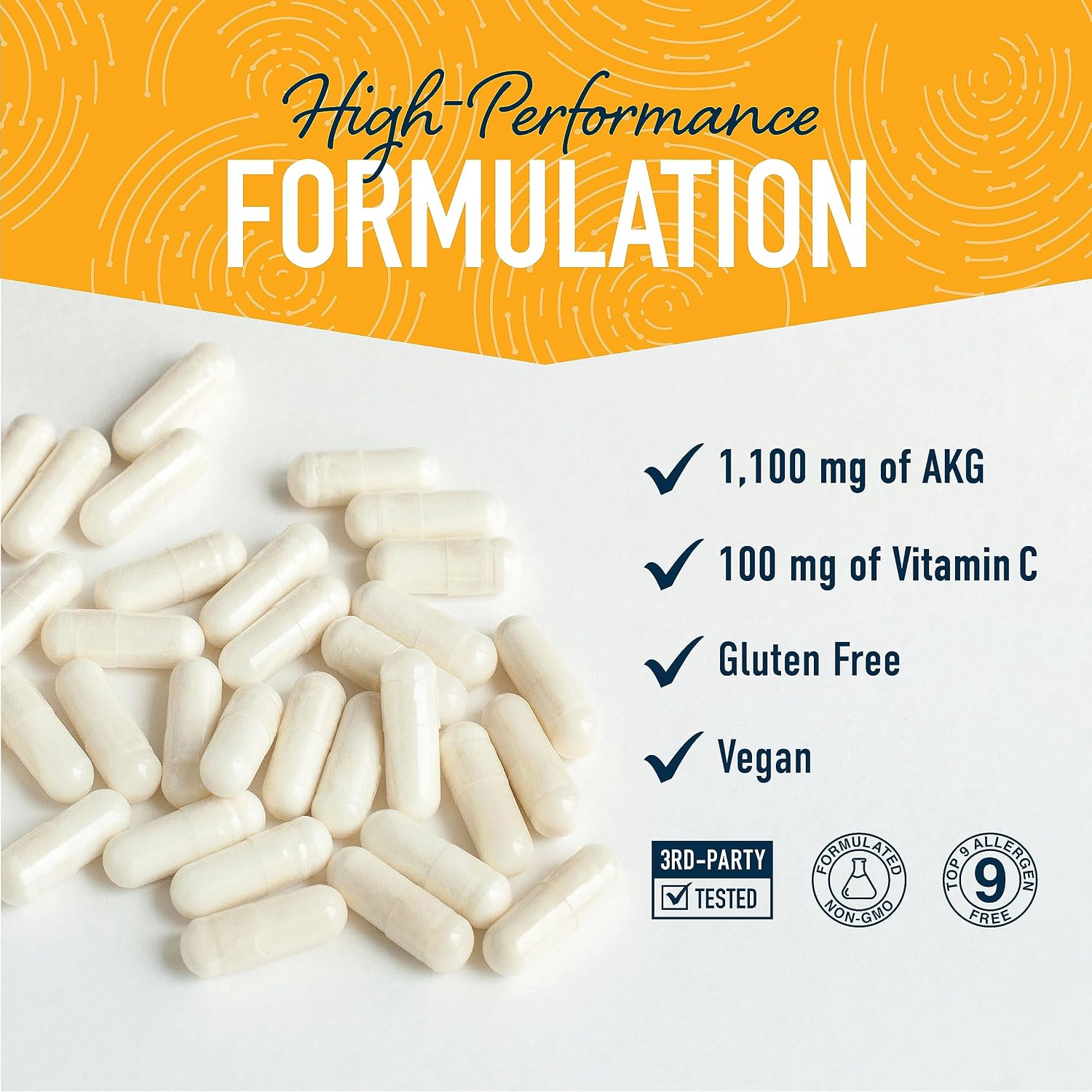 Suplemento AKG | 1100mg por ración | Arginina Alfa-Cetoglutarato con Calcio + Vitamina C | AAKG para envejecimiento saludable, energía y concentración | 120 Cápsulas | Vegano, No-GMO