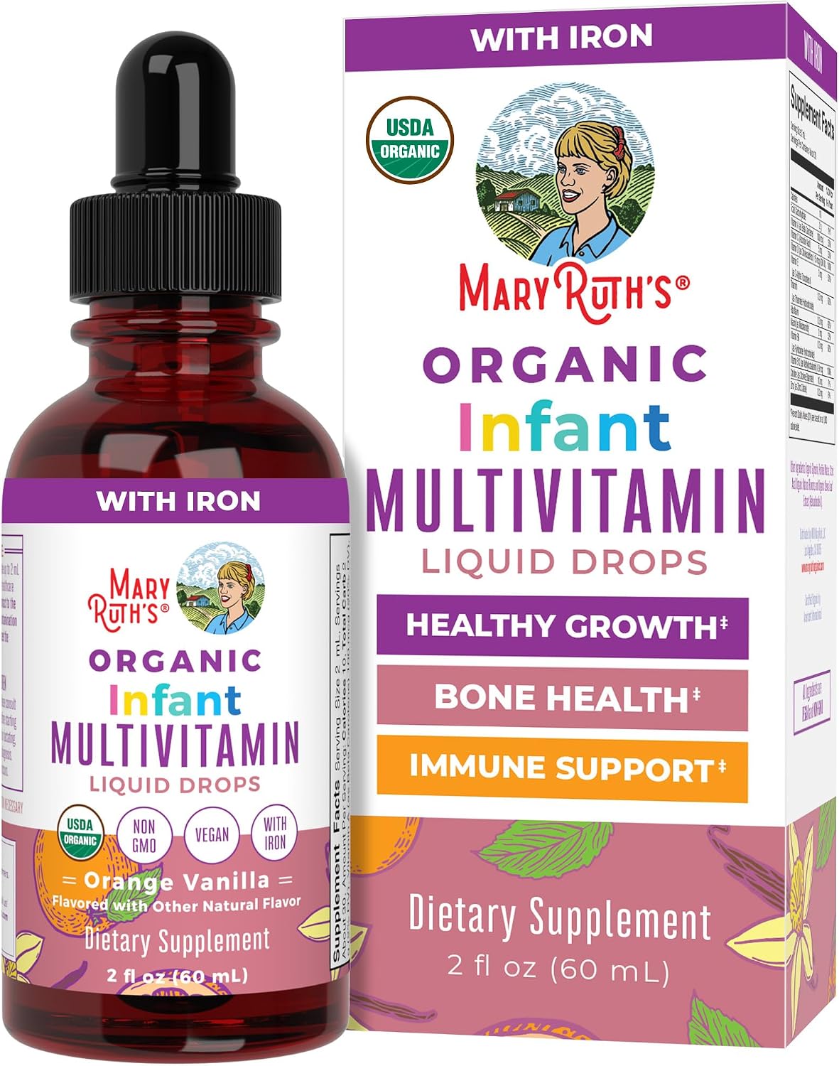 MaryRuth's Organics Multivitamínico con Hierro para Bebés | USDA Orgánico | Gotas Líquidas para Bebés de 6 a 12 Meses | Apoyo Inmunitario y Bienestar General | Vegano | Sin Gluten | 60 ml