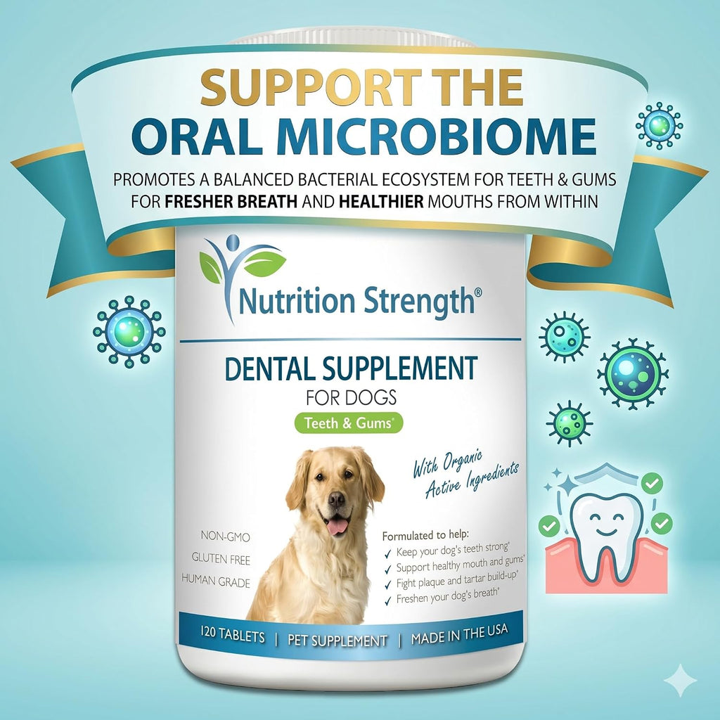 Nutrition Strength Cuidado Dental para Perros - Eliminador Natural de Placa y Sarro con Algas Orgánicas, Hojas de Fresa y Semillas de Calabaza - 120 Comprimidos