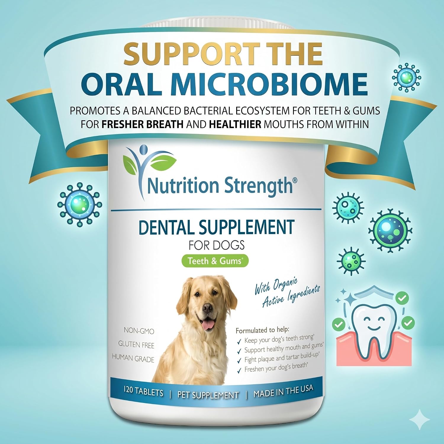 Nutrition Strength Cuidado Dental para Perros - Eliminador Natural de Placa y Sarro con Algas Orgánicas, Hojas de Fresa y Semillas de Calabaza - 120 Comprimidos