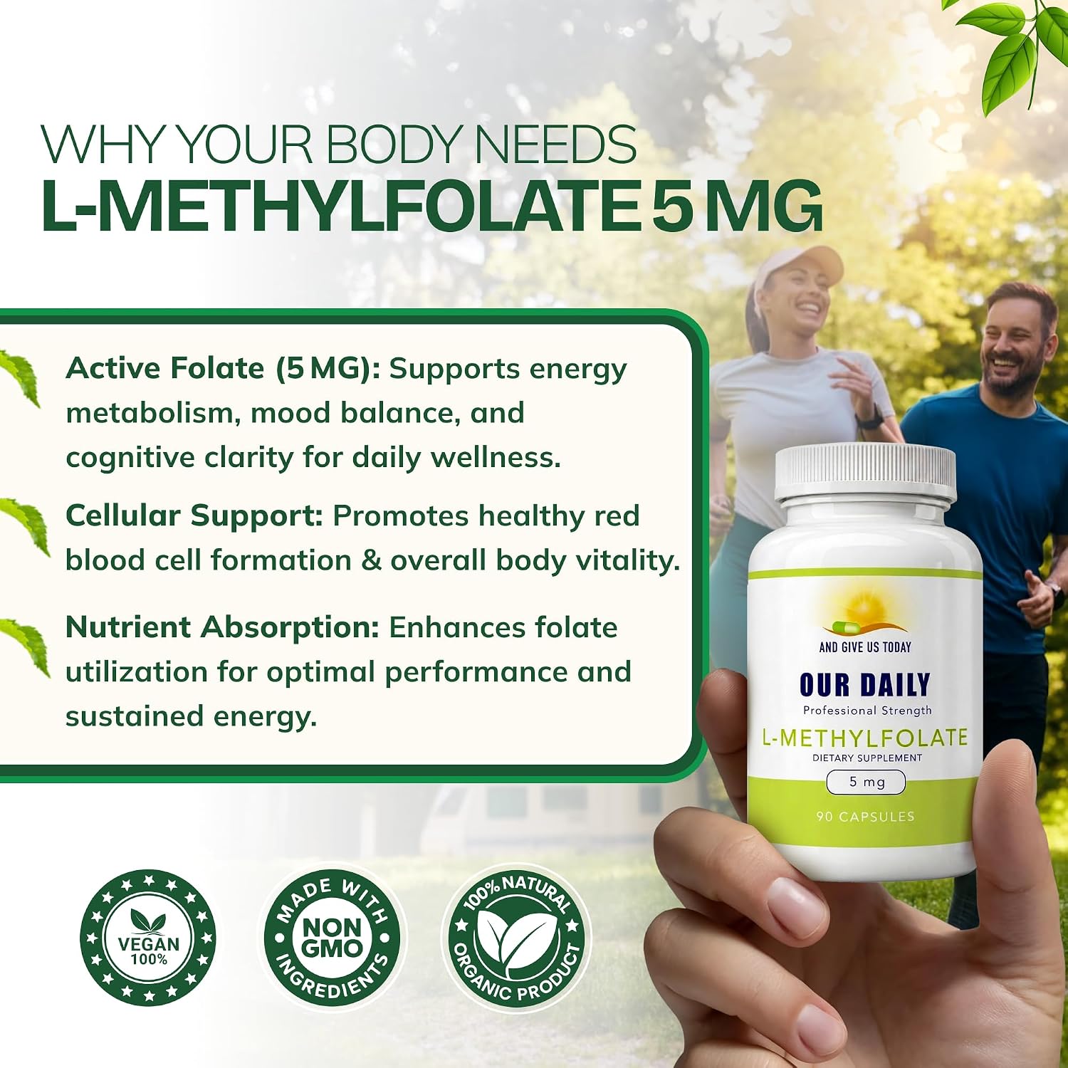 Our Daily Vites L-Metilfolato 5mg – Metilfolato Activo 5-MTHF, 90 Cápsulas