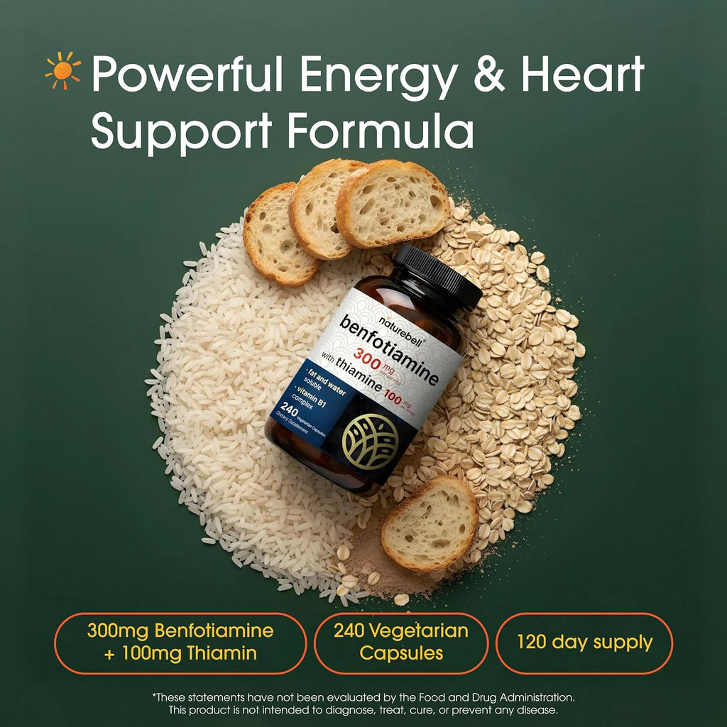 NatureBell Benfotiamina con Tiamina - 240 Cápsulas Vegetarianas - 300mg Benfotiamina y 100mg Tiamina - Complejo de Vitamina B1