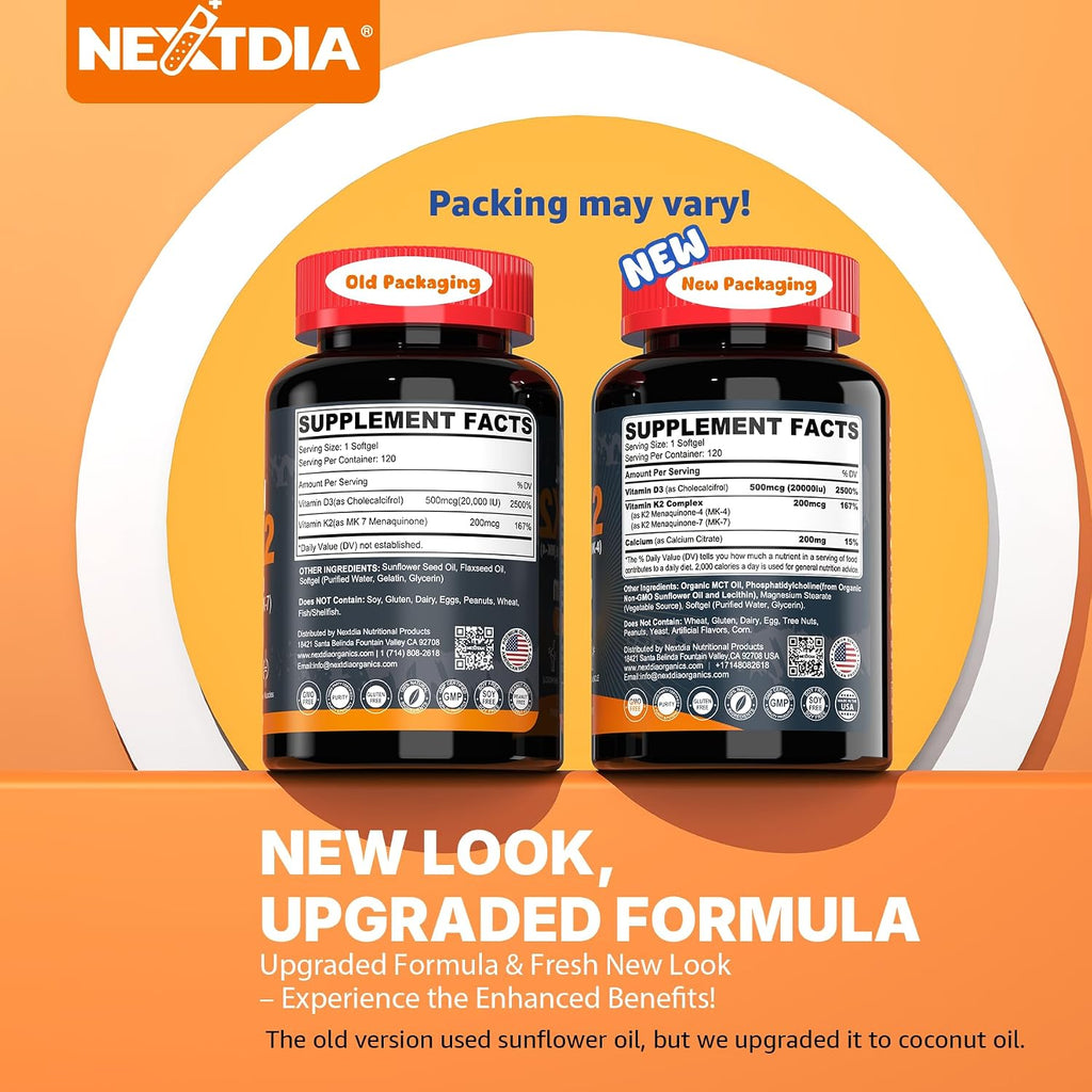 Nextdia Vitamina D3 20.000 UI + K2 (MK-4 y MK-7) 200mcg + Citrato de Calcio - Cápsulas blandas, 2 Paquetes (240 cápsulas)