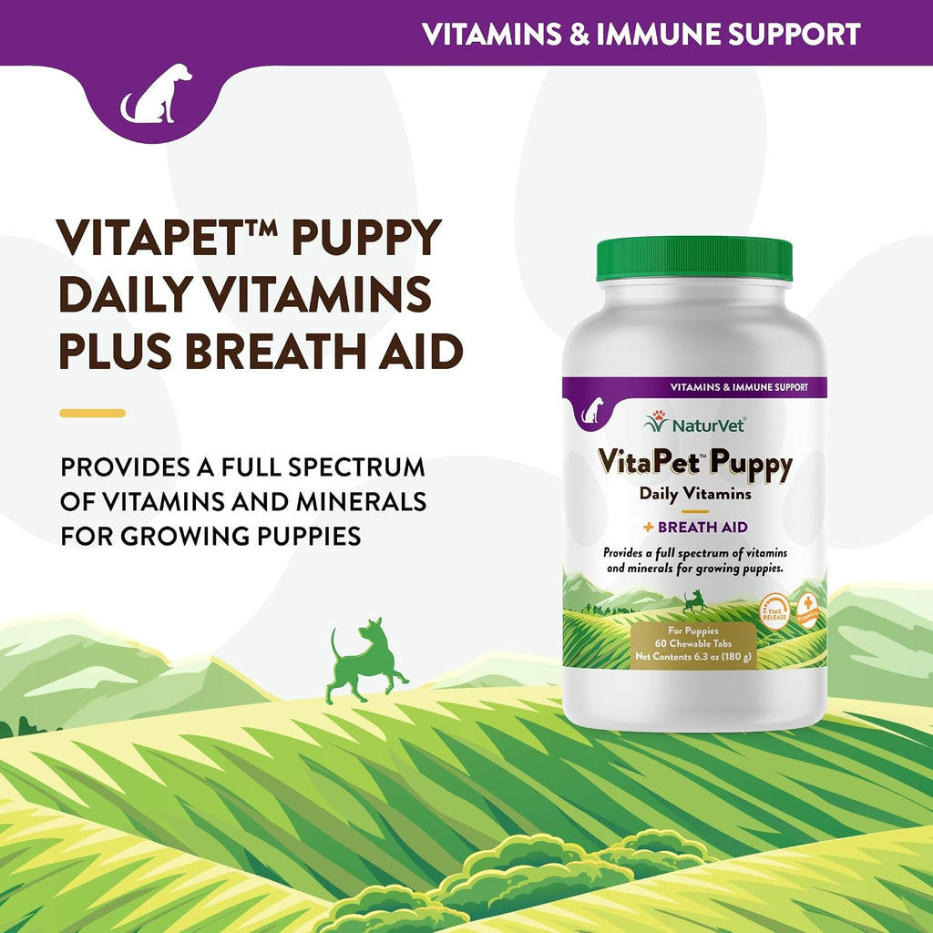 NaturVet VitaPet Multivitamínico para Cachorros con Aliento Fresco - 60 Comprimidos Masticables de Liberación Prolongada