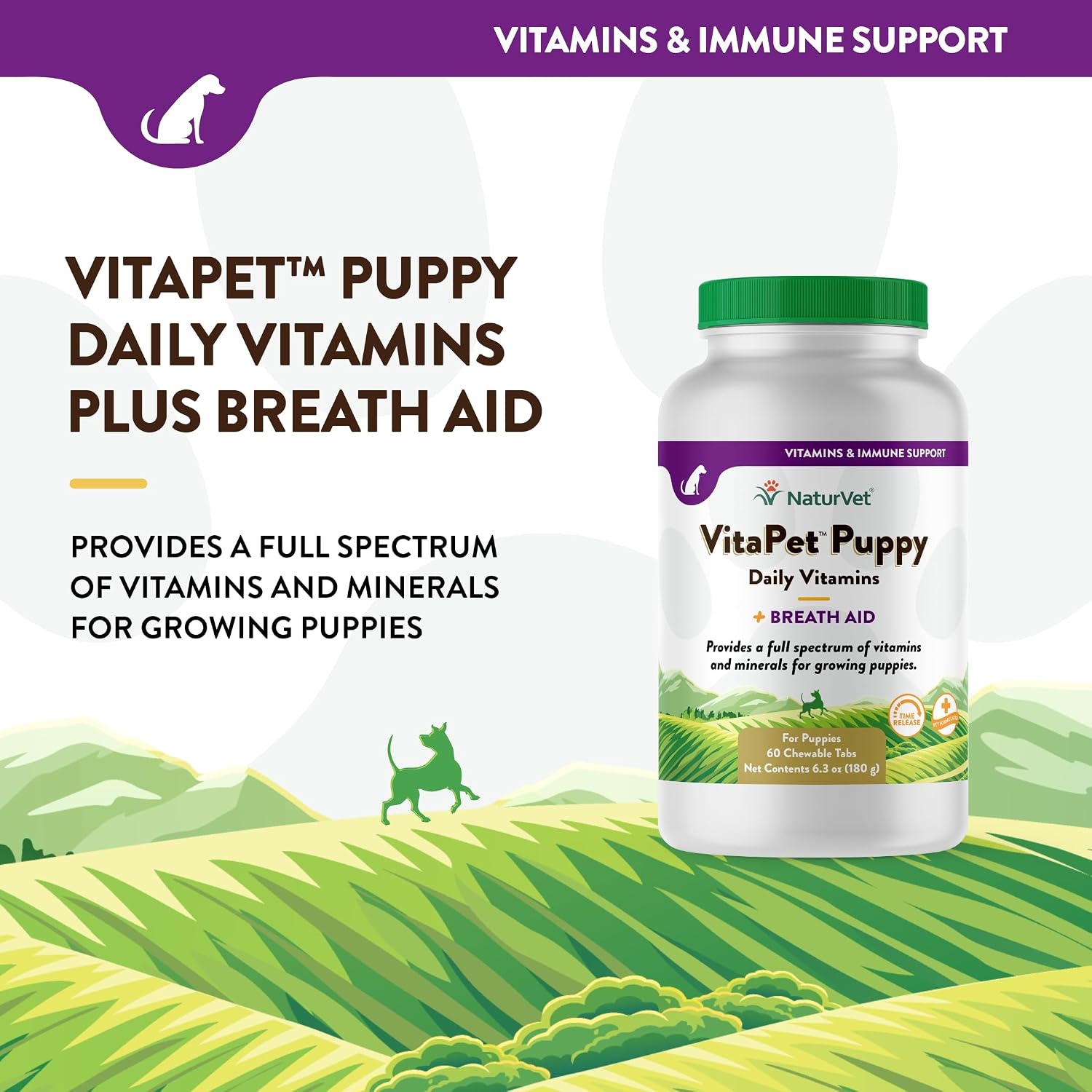 NaturVet VitaPet Multivitamínico para Cachorros con Aliento Fresco - 60 Comprimidos Masticables de Liberación Prolongada