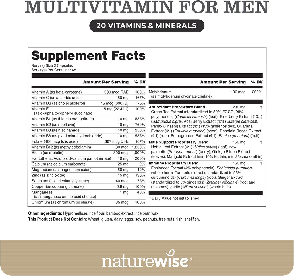 NatureWise Multivitamínico para Hombres - Apoyo Diario - Minerales y Hierbas para Energía, Rendimiento, Inmunidad - con Vitamina A, C, D, Complejo B - Sin Soja ni Gluten, No GMO - 90 Cápsulas