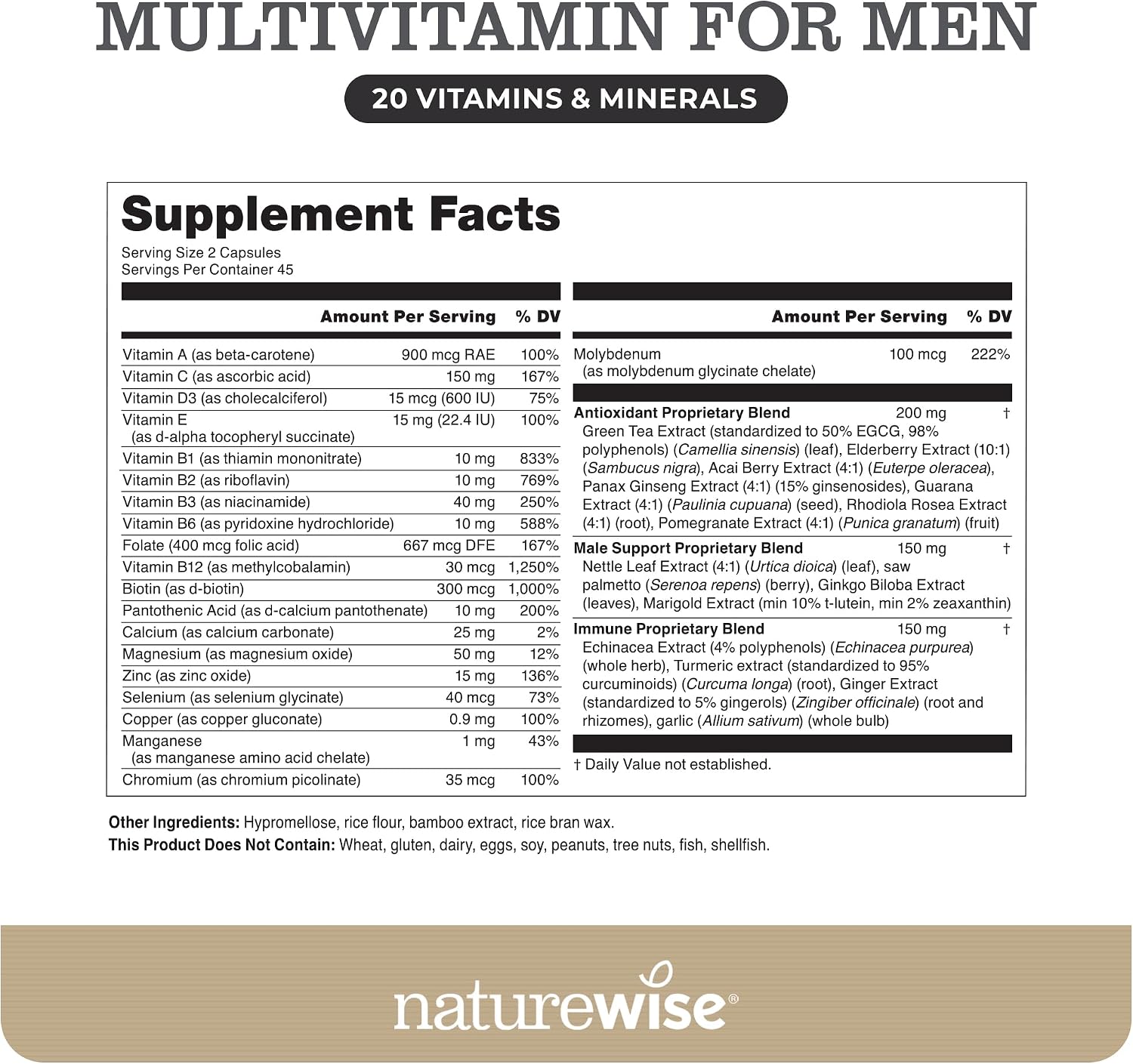 NatureWise Multivitamínico para Hombres - Apoyo Diario - Minerales y Hierbas para Energía, Rendimiento, Inmunidad - con Vitamina A, C, D, Complejo B - Sin Soja ni Gluten, No GMO - 90 Cápsulas