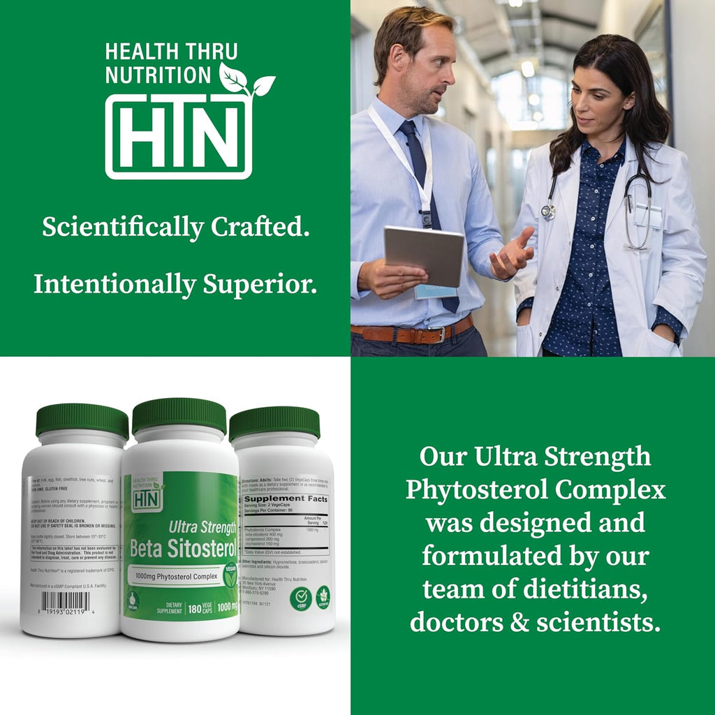 Health Thru Nutrition Ultra Strength Beta Sitosterol | 1000mg Fitoesteroles Complejo 400mg Beta | No Transgénico Vegano (180 Cápsulas)