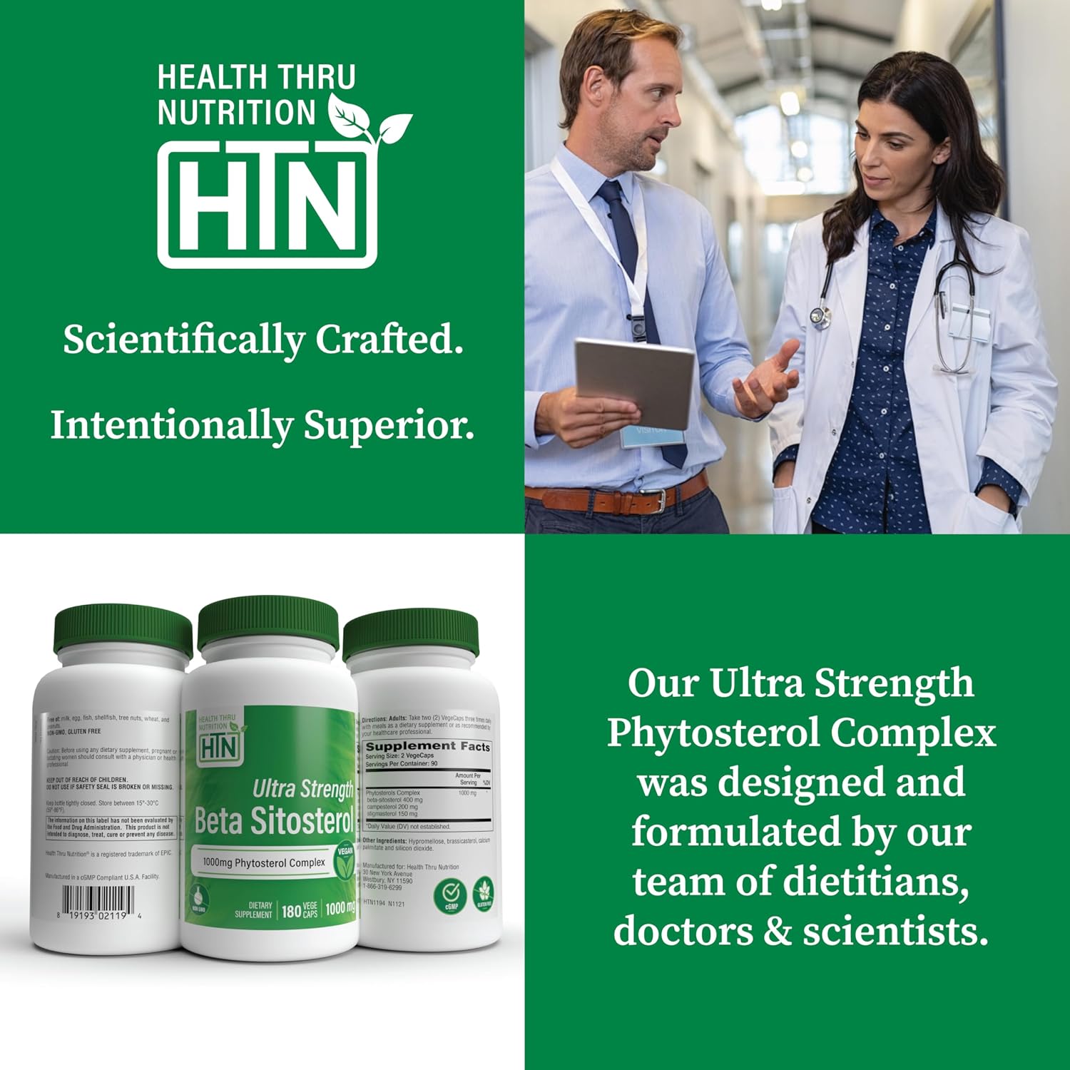 Health Thru Nutrition Ultra Strength Beta Sitosterol | 1000mg Fitoesteroles Complejo 400mg Beta | No Transgénico Vegano (180 Cápsulas)