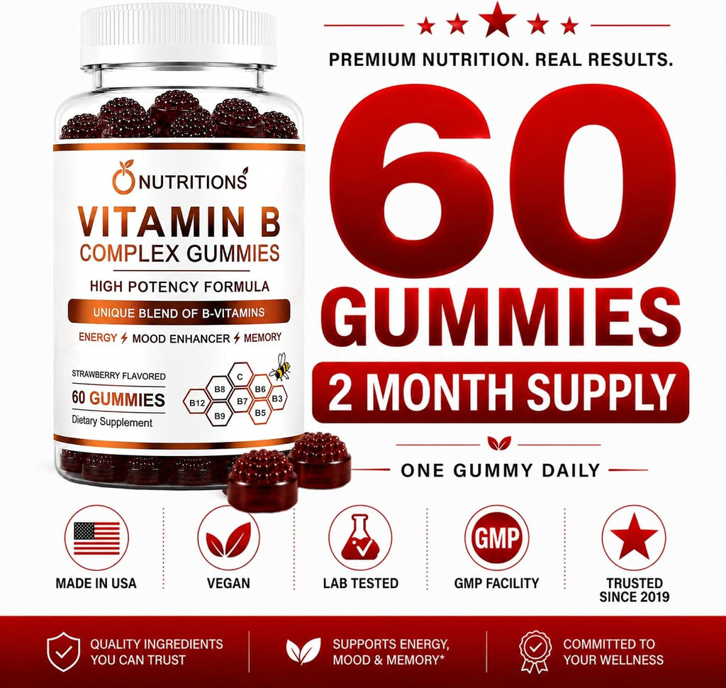 O Nutritions Complejo B Gominolas Veganas con Vitamina B12, Biotina, Folato, Vitamina C – Energía, Estado de Ánimo, Memoria y Enfoque – Apoyo para Cabello, Piel y Uñas – Fresa, 60 Gominolas