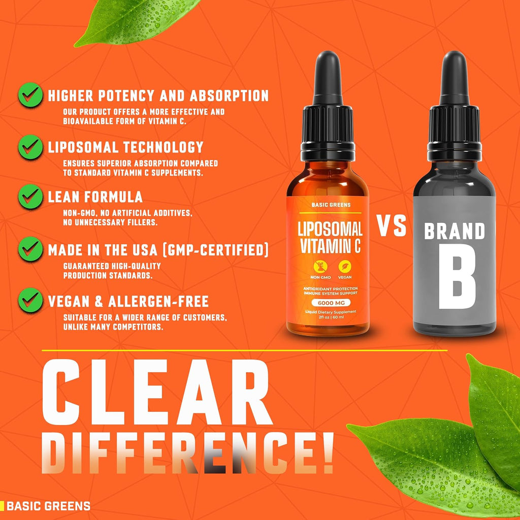 BASIC GREENS Vitamina C Liposomal Líquida 6000mg – Alta Absorción – Apoyo Inmunitario, Antioxidante y Salud de la Piel – No-GMO, Vegano, Fórmula Suave – 60 ml