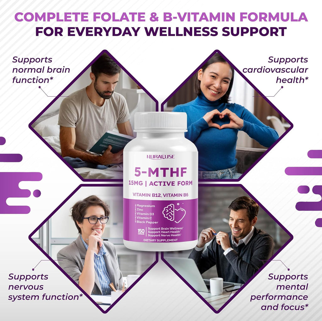 NURAFUSE Complejo B Activo con 5-MTHF, Vitamina B12, B6, Magnesio y Pimienta Negra – Apoyo para el Bienestar Cerebral, Salud Cardíaca y Nerviosa