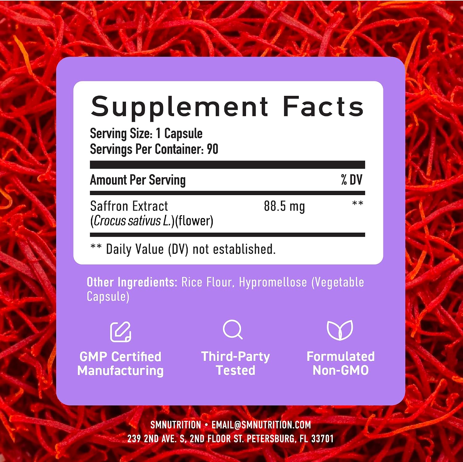 Suplemento de Azafrán 88.5mg | Extracto Puro de Crocus Sativus | 90 Cápsulas (3 Meses)