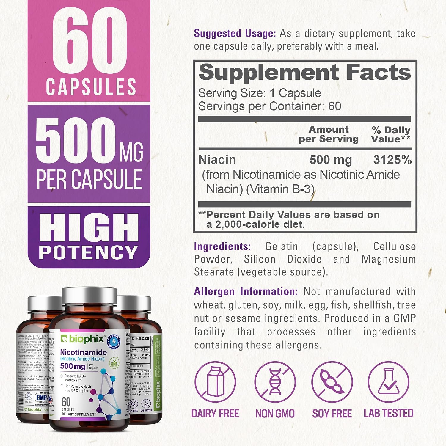 biophix B-3 Nicotinamida 500 mg 60 Cápsulas - Nicotinamida Pura Sin Enrojecimiento - Apoyo a la Salud de la Piel y Energía