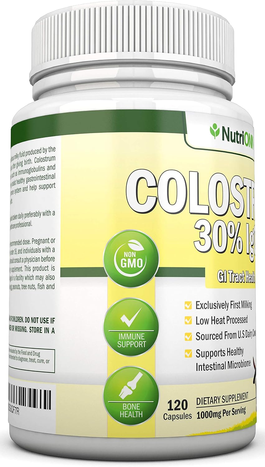 NutriONN Calostro - 1000mg - 120 Cápsulas - 30% IgG - Lácteo no OGM de EE.UU. - Primer Ordeño - Procesado a Baja Temperatura - Salud GI - Apoyo Inmune - Salud Ósea y Muscular