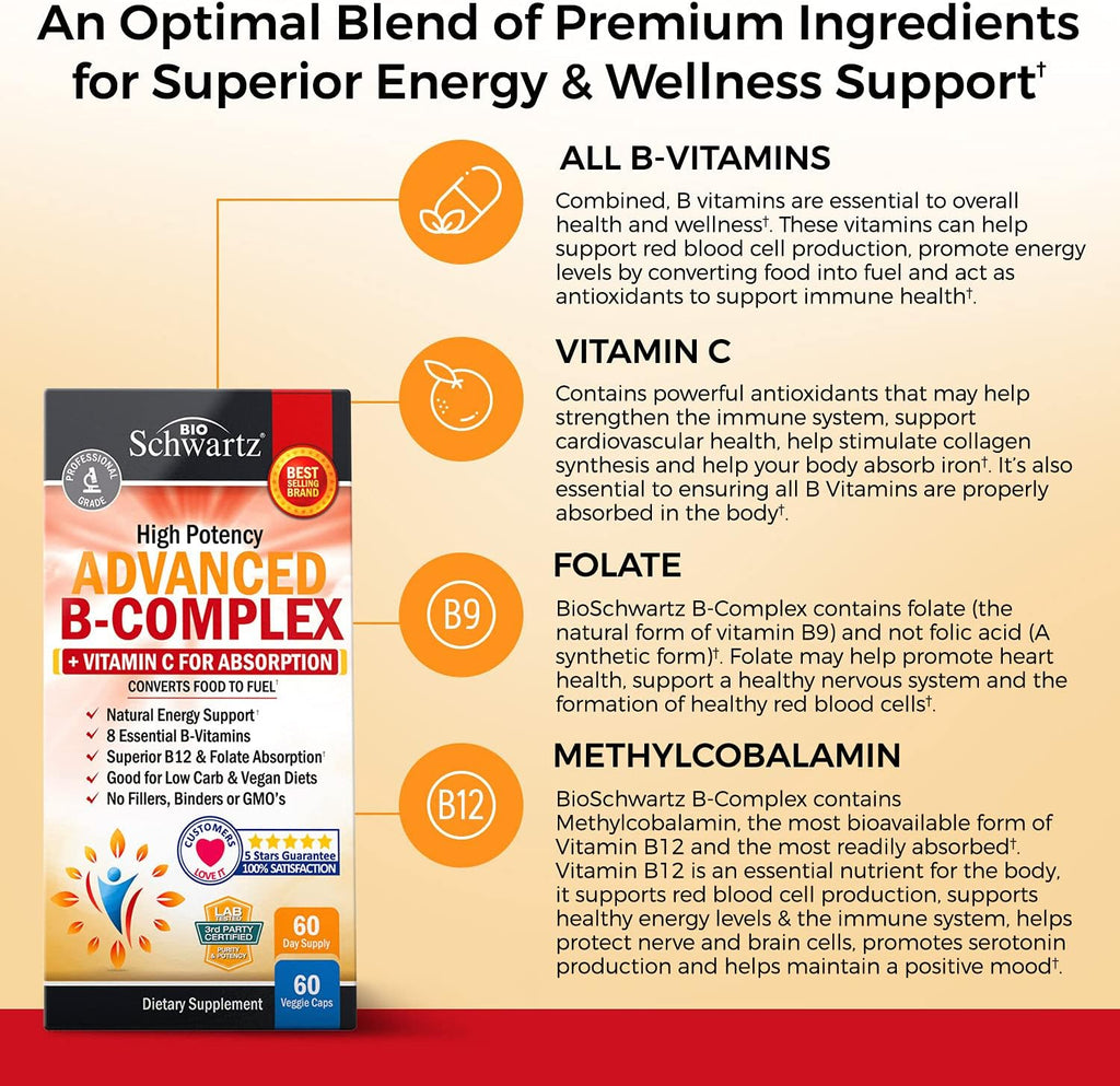 Complejo de Vitaminas B con Vitamina C - con Metilcobalamina B12 y Folato - Suplemento B1 B2 B3 B5 B6 B7 B9 - 60 Cápsulas