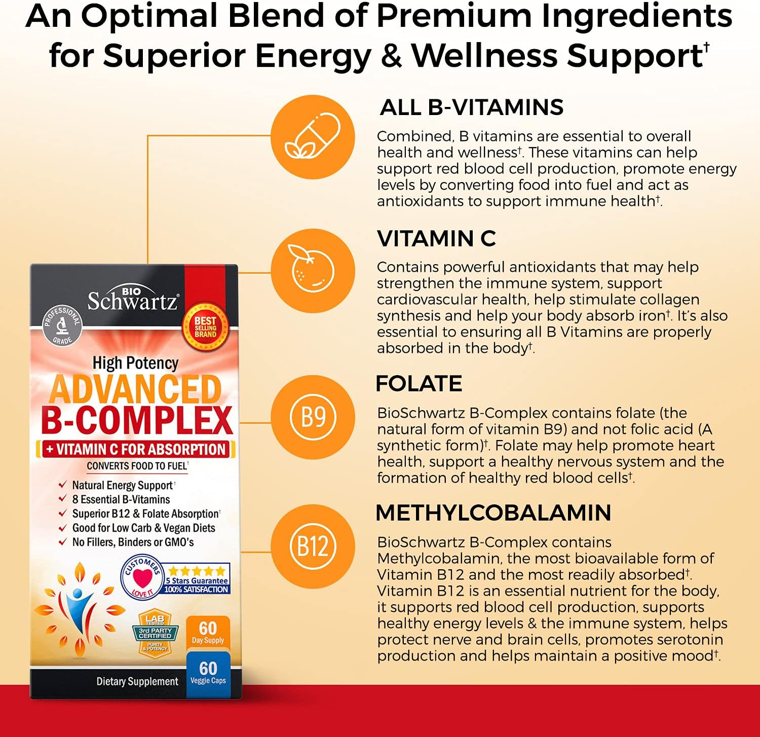 Complejo de Vitaminas B con Vitamina C - con Metilcobalamina B12 y Folato - Suplemento B1 B2 B3 B5 B6 B7 B9 - 60 Cápsulas
